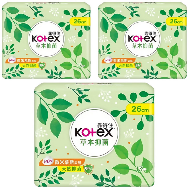 Kotex 靠得住 草本抑菌衛生棉, 日用量多型 26cm, 13片, 3包