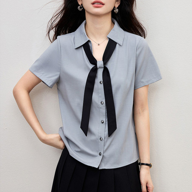 LUNA GIRL 女款長頸鹿領綁帶拼色翻領短袖襯衫 L26SMBL031612