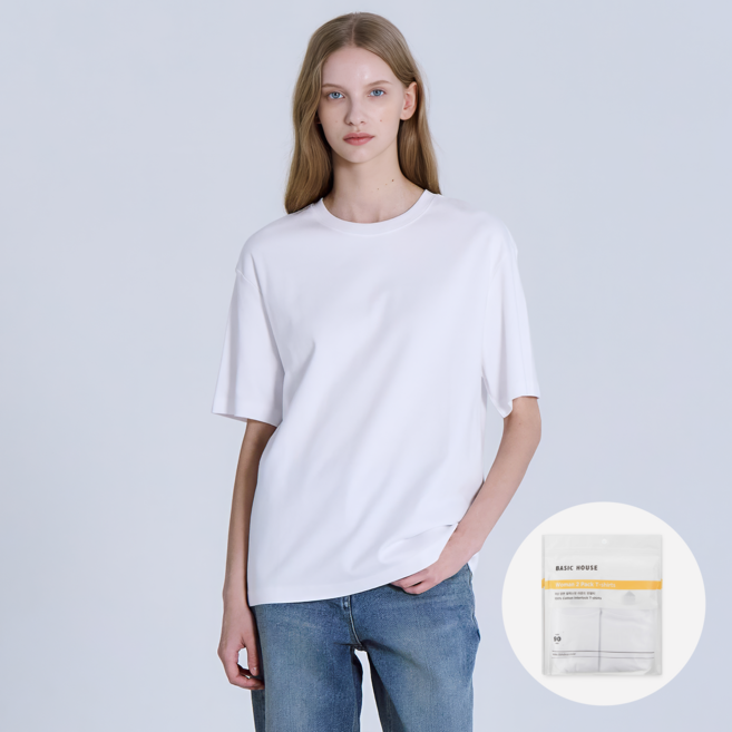 베이직하우스 여성용 통기성 40수 릴렉스핏 라운드 반팔티셔츠 2종 세트 LATS0206