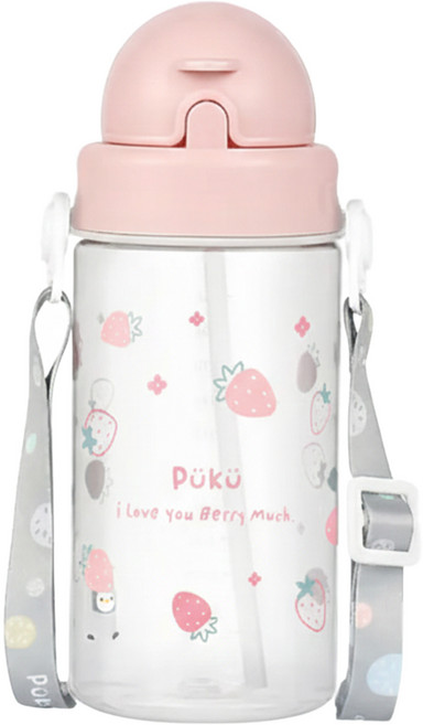 PUKU 藍色企鵝 Tritan滑蓋揹帶吸管水壺 8個月以上, 粉色, 330ml, 1個