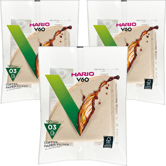 HARIO 好璃奧 V60無漂白03濾紙 VCF-03-100M 1~6杯, 100張, 3包