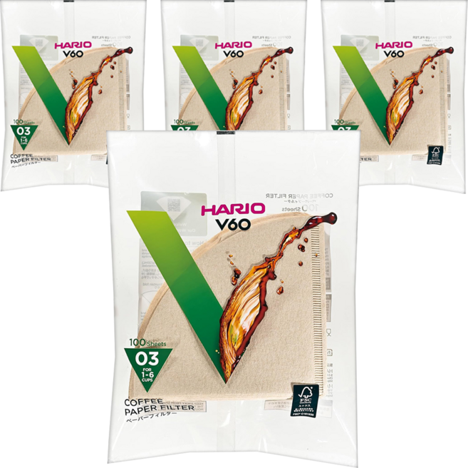 HARIO 好璃奧 V60無漂白03濾紙 VCF-03-100M 1~6杯, 100張, 4包