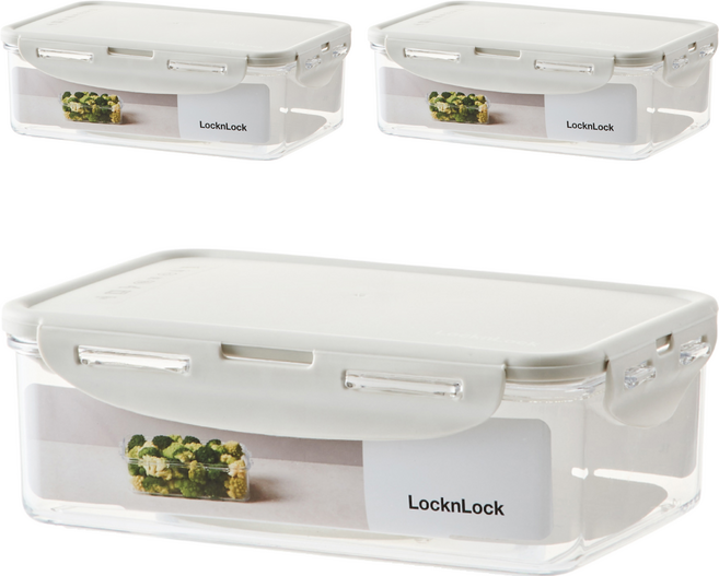 LocknLock 樂扣樂扣 Tritan純淨輕透方形保鮮盒 淺灰色 1L, 1組, 3個容器 + 3個蓋子