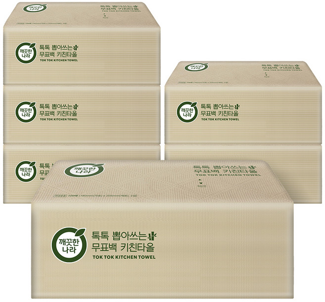 깨끗한나라 톡톡 뽑아쓰는 무표백 천연펄프 키친타올, 100매, 6개