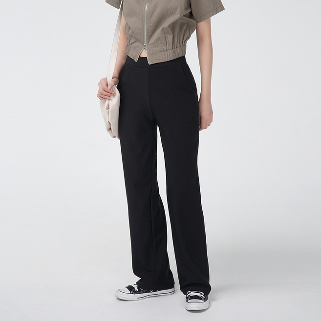 Cotton Closet 女款高腰長版直筒彈性鬆緊帶西裝褲