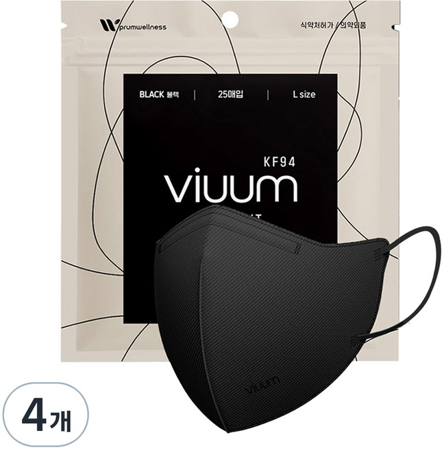 viuum 푸름웰니스 라이트핏 새부리형 마스크 대형 KF94, 25개입, 4개, 블랙