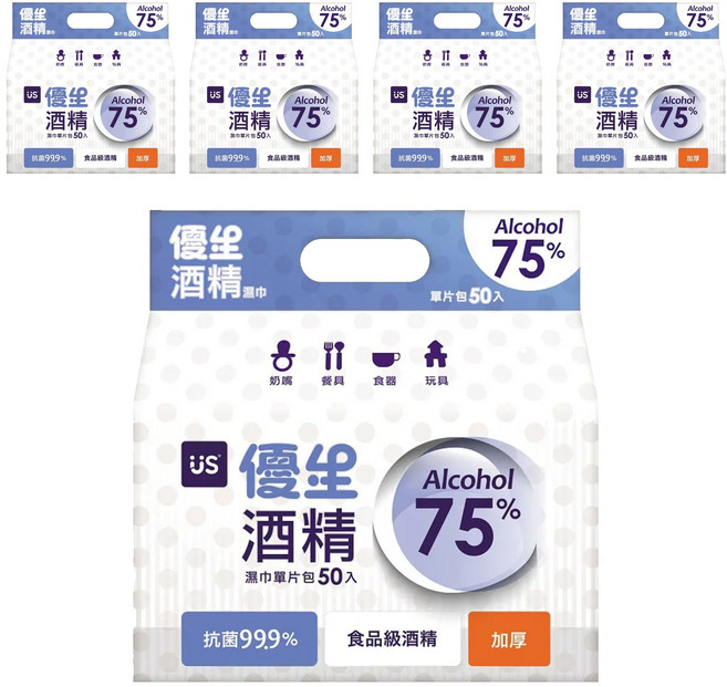 US baby 優生 75%酒精濕巾 加厚 單片包, 50包, 5袋