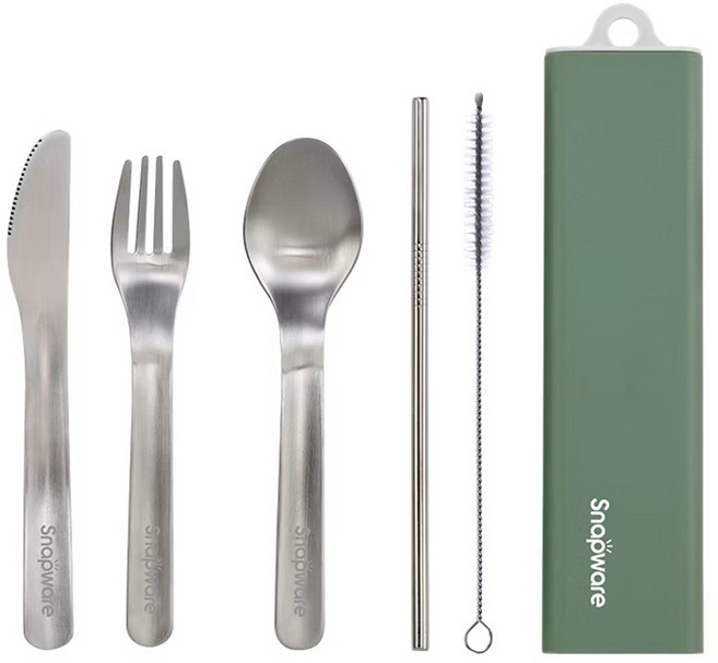 Corelle Brands 康寧餐具 Snapware 餐具5件組, 綠色, 收納盒 + 餐刀 + 餐叉 + 湯匙 + 吸管 + 吸管刷, 1組