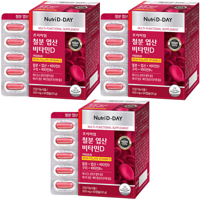 뉴트리디데이 프리미엄 철분 엽산 비타민D 30g, 60정, 3개
