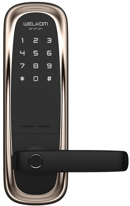 솔리티 웰콤 그립온 지문인식 무타공 손잡이 있음 도어락, WM-650B, 방문설치