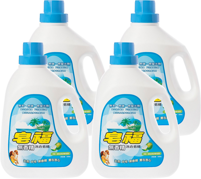 皂福 無香精洗衣皂精 中性親膚 泡沫少 好沖洗 高生物分解度95%, 3.3kg, 4桶