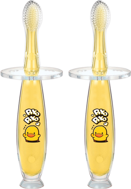 PiYOPiYO 黃色小鴨 安全矽膠學習牙刷 一體成型柔軟不傷齒齦 高密度毛刷清潔牙齒 底部吸盤設計可站立, 黃色, 1入, 2支