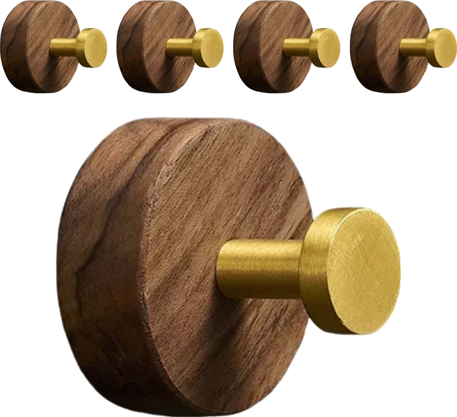 居家實木掛鉤 LV55-3, 棕色 + 金色, 5個