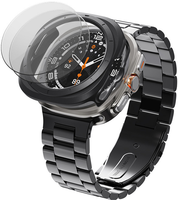칸탐 갤럭시워치 클래식 메탈스트랩 케이스 강화유리 2p 세트, 블랙, 1세트