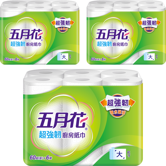 五月花 超強韌廚房紙巾 60張, 6捲, 3袋