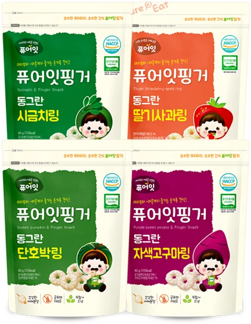 퓨어잇 핑거 동그란 야채링 과자 4종 세트, 단호박, 자색고구마, 딸기사과, 시금치, 1세트 - 쿠팡