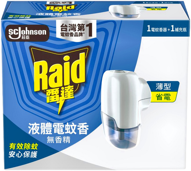 Raid 雷達 薄型液體電蚊香器 無臭無味 電蚊香器+補充瓶41ml, 41ml, 1盒