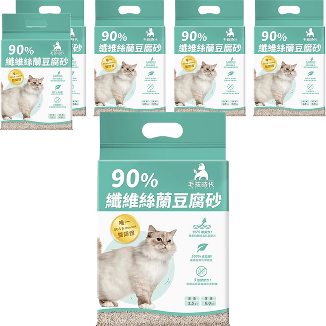 PetsTimes 毛孩時代 90%纖維絲蘭豆腐砂 6L, 2.5kg, 6包, 無香味