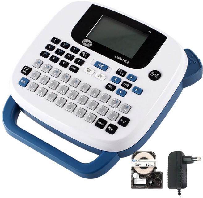 로드메일코리아 휴대용 라벨프린터 + 12MWK 라벨테이프 + 전용 어댑터 세트, LMK-1000(블루), 1세트