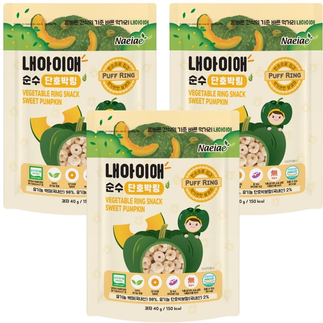 내아이애 순수 유기농 야채 퍼프링, 단호박, 40g, 3개 - 쿠팡