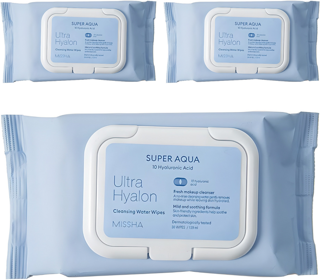 미샤 수퍼 아쿠아 울트라 히알론 클렌징 워터 티슈 캡형, 30매입, 3개