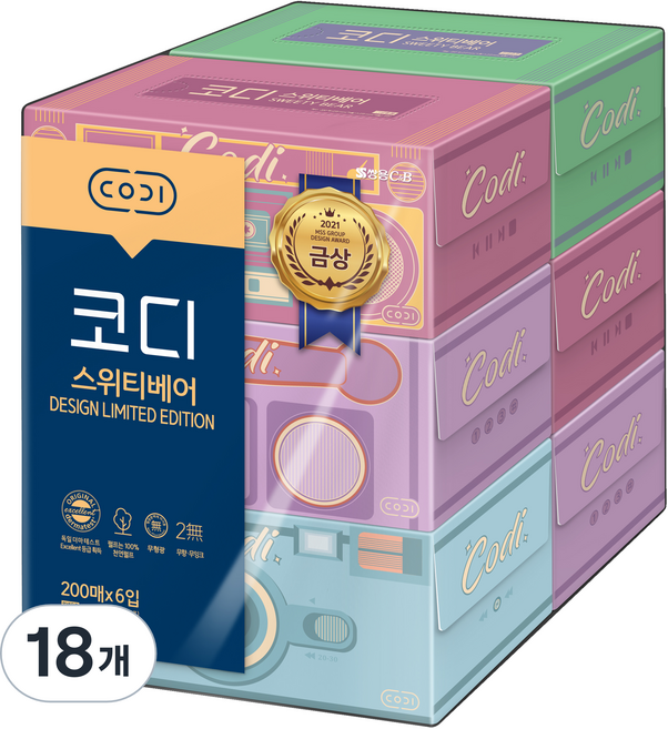 코디 스위티베어 천연펄프 각티슈 2겹, 200개입, 18개