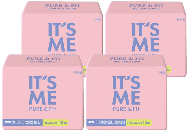 잇츠미 퓨어앤핏 생리대 날개형, 중형, 12개입, 4개