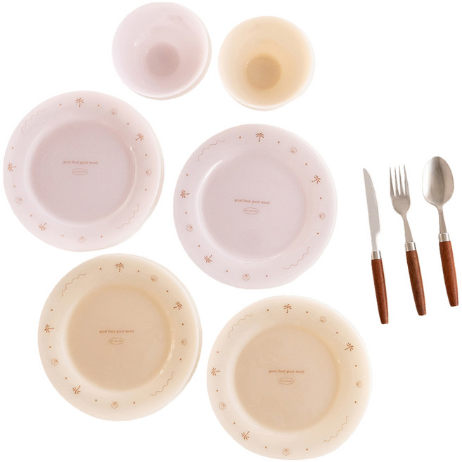 MYUMYUMYU 沐慕家居 頂級慈玉碗盤餐具9件組, 米色 + 粉色, 1套, 粉盤 2個 + 米盤 2個 + 粉碗 + 米碗 + 湯匙 + 刀子 + 叉子