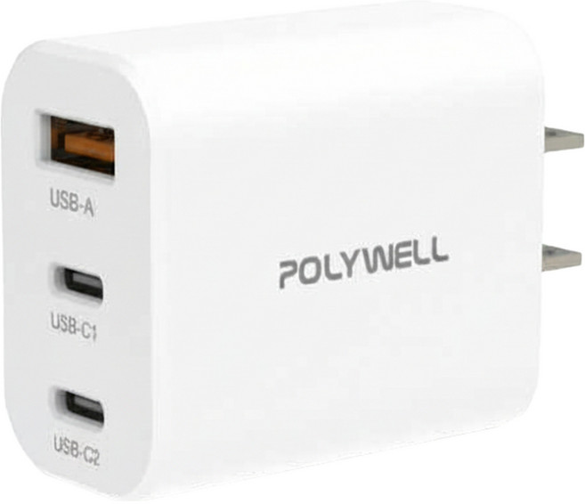 POLYWELL 寶利威爾 USB+雙Type-C 三孔快速充電器 30W PW15-T05-A055, 白色, 1個