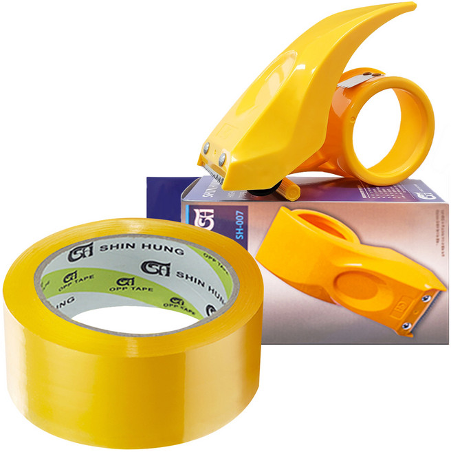 신흥테이프 박스테이프 50M 투명 +황색 고급커터기, 1세트