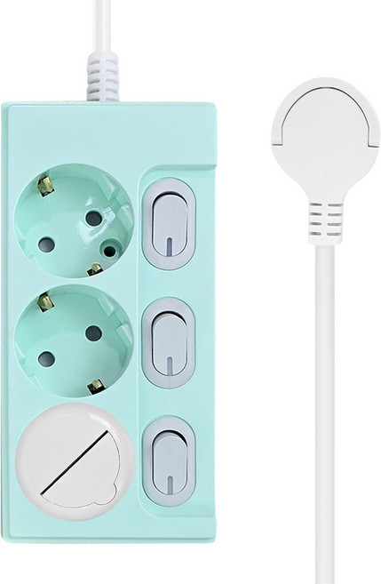 원스탑 제로갭 슬림 납작 컬러 개별스위치 멀티탭 3구 16A + 안전커버 세트, 2m, 파스텔민트, 1세트
