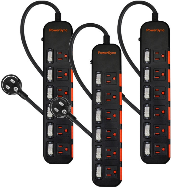 PowerSync 群加 6開6插安全防塵防雷擊延長線 3孔 TPS356DN0018, 1.8m, 黑色, 3個