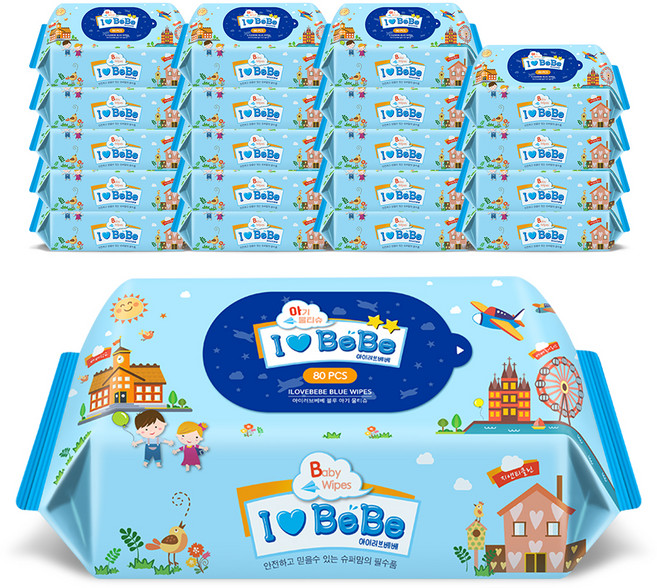 아이러브베베 블루 아기물티슈 리필형, 52g, 80매, 20개