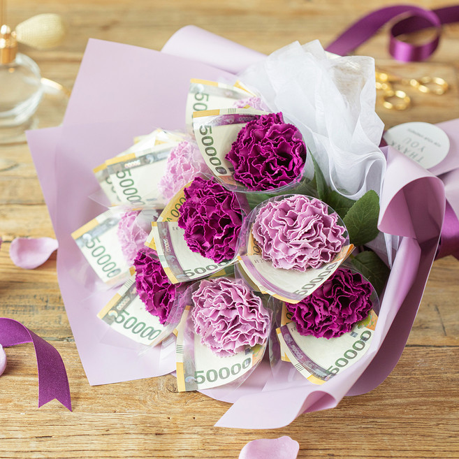 뷰티풀데코센스 비누꽃 카네이션 돈 꽃다발 10송이 + 쇼핑백, 퍼플믹스, 1개