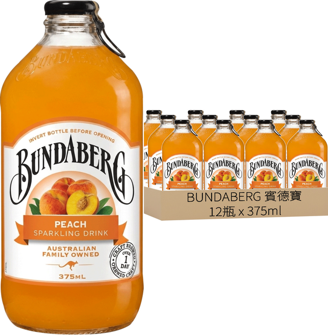 BUNDABERG 賓德寶 蜜桃風味氣泡飲, 375ml, 12瓶