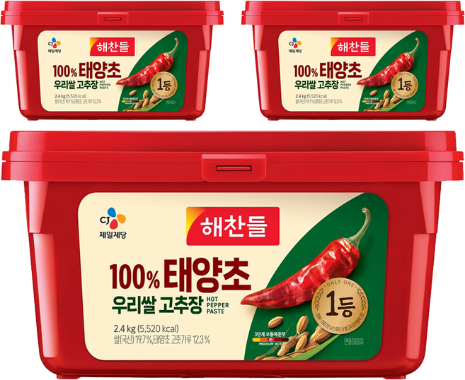 해찬들 100% 우리쌀 태양초 고추장, 2.4kg, 3개