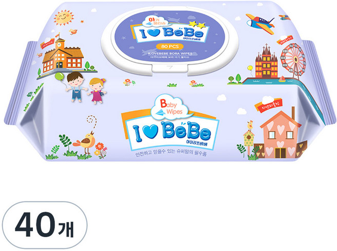 아이러브베베 보라 아기물티슈 캡형, 52g, 80매, 40개