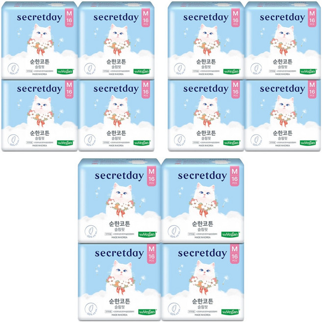 시크릿데이 순한코튼 슬림핏 생리대 날개형, 중형, 16개입, 12개