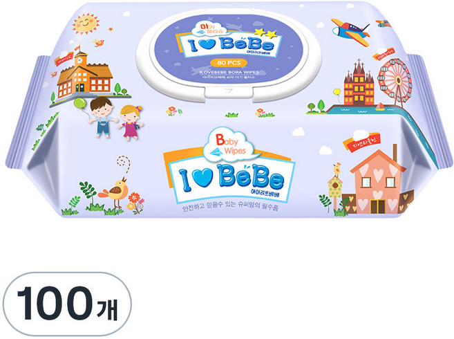 아이러브베베 보라 아기물티슈 캡형, 52g, 80매, 100개