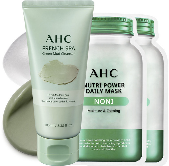 AHC 프렌치 스파 그린 머드 클렌저 100ml + 노니 뉴트리 데일리 마스크 2p, 1세트