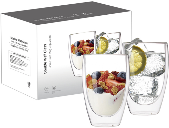칼딘 이중 내열 홈 카페 유리컵 450ml, 2개