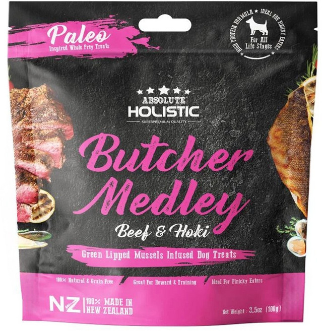 ABSOLUTE HOLISTIC 全齡犬 鮮食肉片, 放牧牛 + HOKI鱈魚 + 綠貽貝 + 牛磺酸, 100g, 1袋