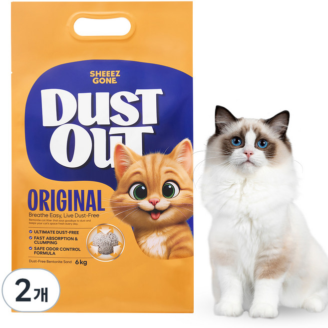쉬즈곤 먼지아웃 벤토나이트 고양이 모래, 6kg, 2개, 무향