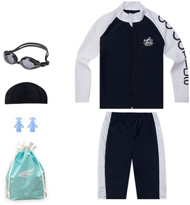 아쿠아티카 아동 래쉬가드 AQAJZP24002 일반용수경 5종세트, 네이비화이트(래쉬가드),블랙(수모,수경),랜덤발송(귀마개),MINT(비닐백)