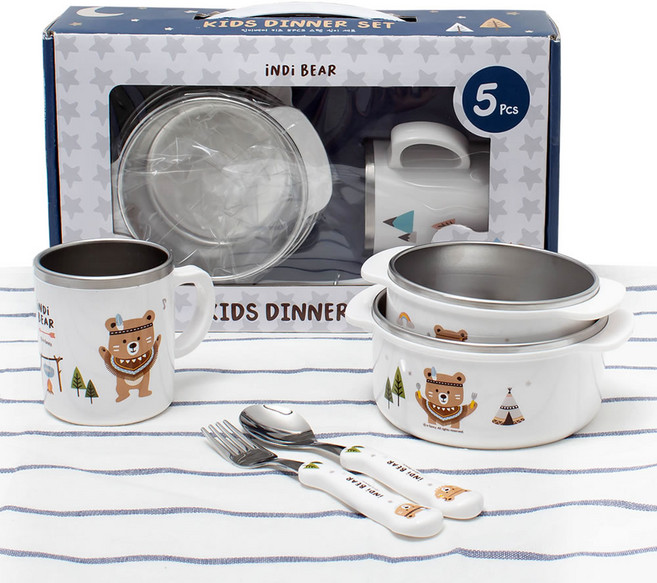 인디베어 유아동 식기 선물세트, 화이트, 스텐공기 +대접+손잡이컵+수저+포크 각1개