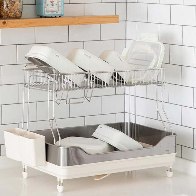 하츠 컴팩트 데코 식기건조대 CKA 4202Y, 2단, 아이보리 + 스테인레스, 1세트