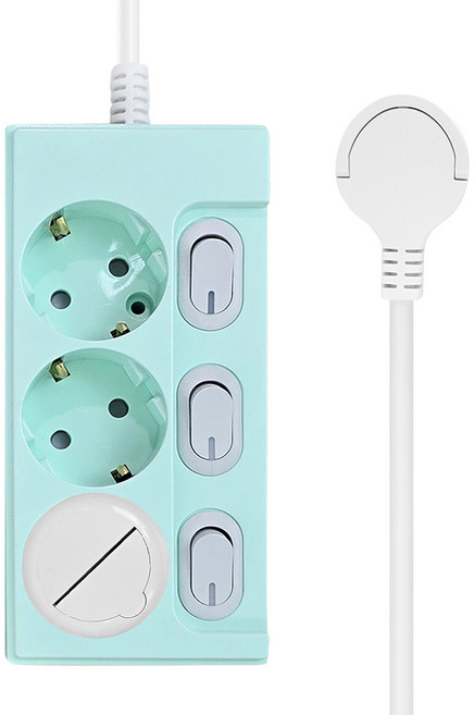 원스탑 제로갭 슬림 납작 컬러 개별스위치 멀티탭 3구 16A + 안전커버 세트, 3m, 파스텔민트, 1세트
