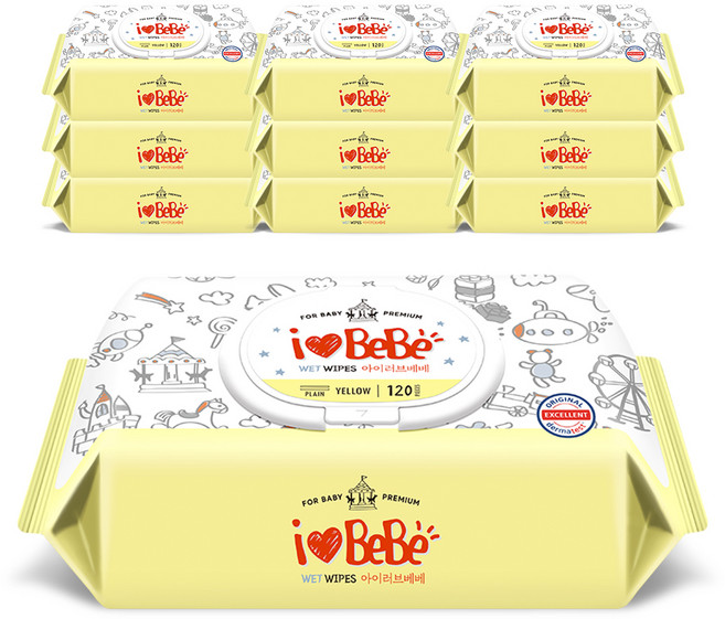 아이러브베베 플러스 옐로우 아기물티슈 캡형, 82g, 120매, 10개