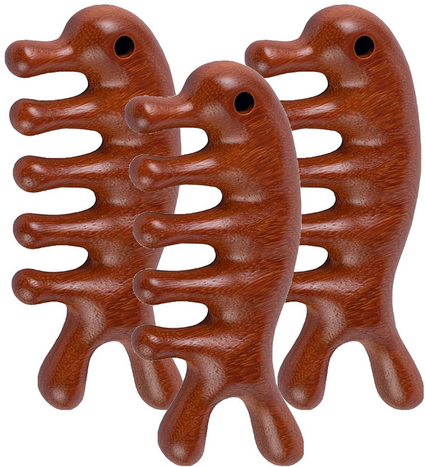 魚型檀木梳 經絡梳 頭皮按摩梳 鼻子/眼部按摩, 檀木, 3支