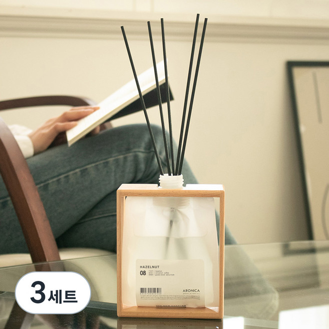 아로니카 내츄럴 우드 코팅 프레임 챕터 디퓨저 본품, 헤이즐넛, 200ml, 3세트